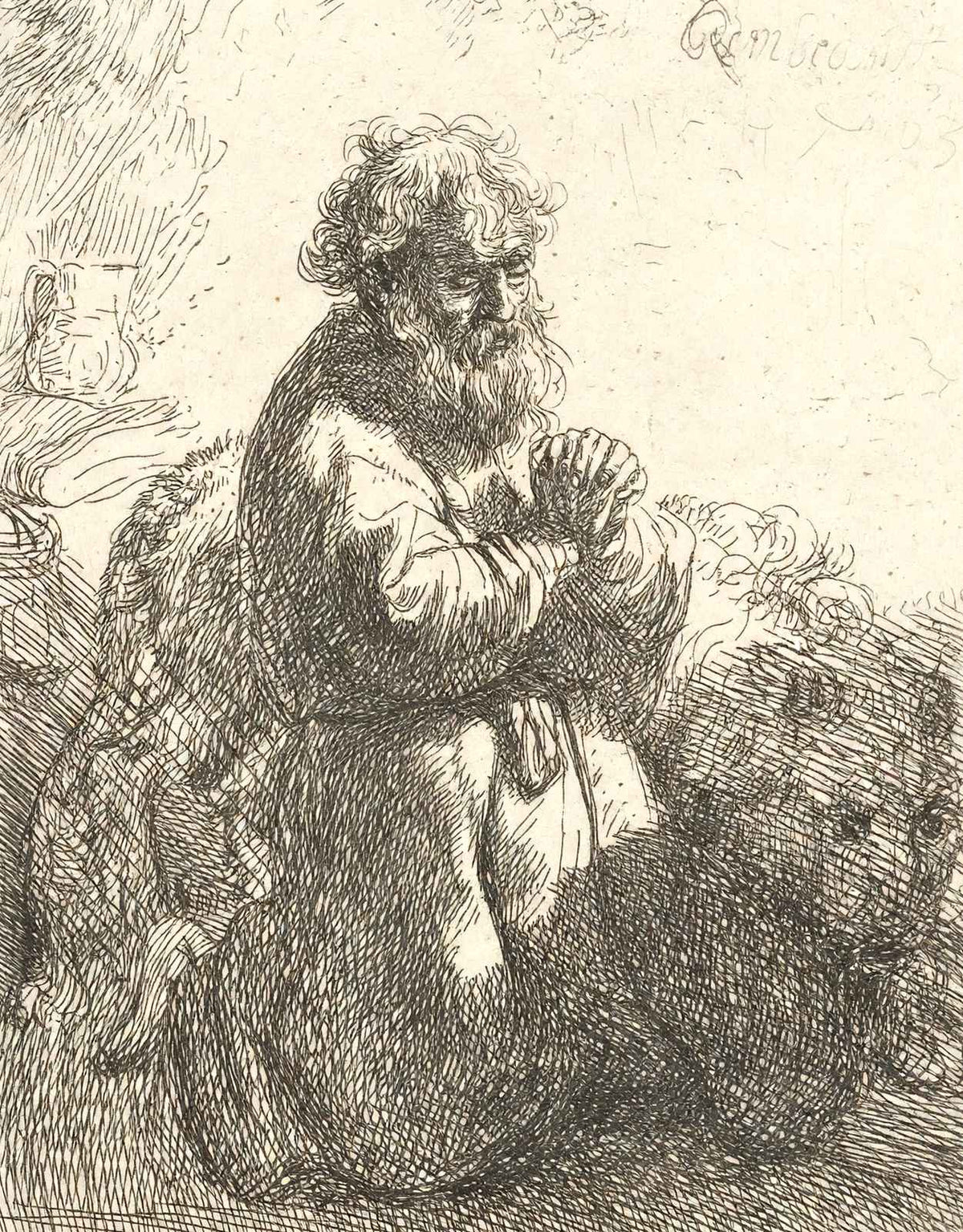 St. Jerome Kneeling in Prayer, Looking Down 1635 Rembrandt Art Print (6 Sizes)