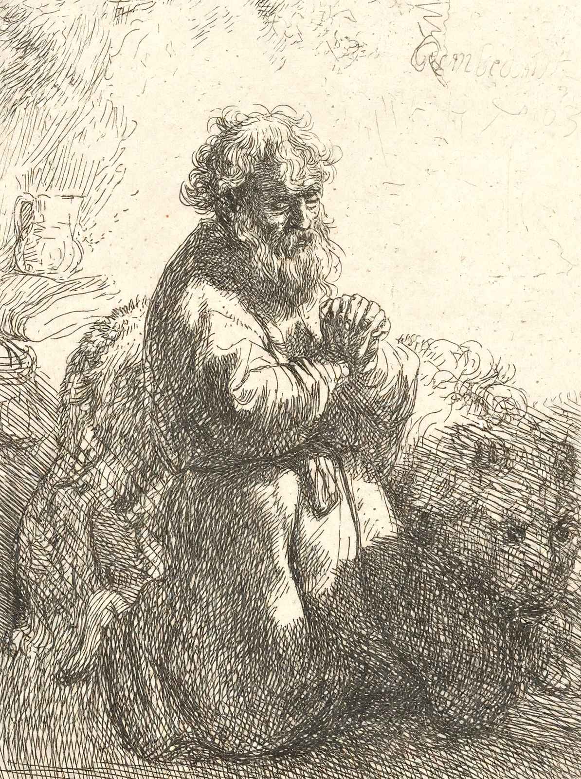 St. Jerome Kneeling in Prayer, Looking Down 1635 Rembrandt Art Print (6 Sizes)