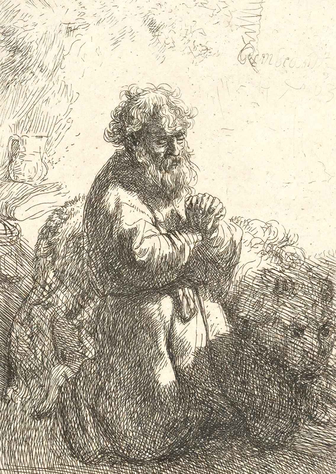 St. Jerome Kneeling in Prayer, Looking Down 1635 Rembrandt Art Print (6 Sizes)