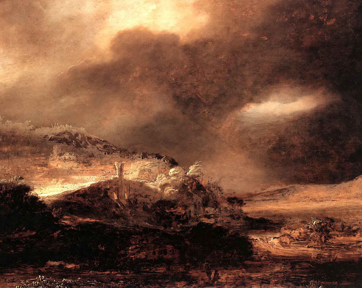 Stormy Landscape painting by Rembrandt (1638)