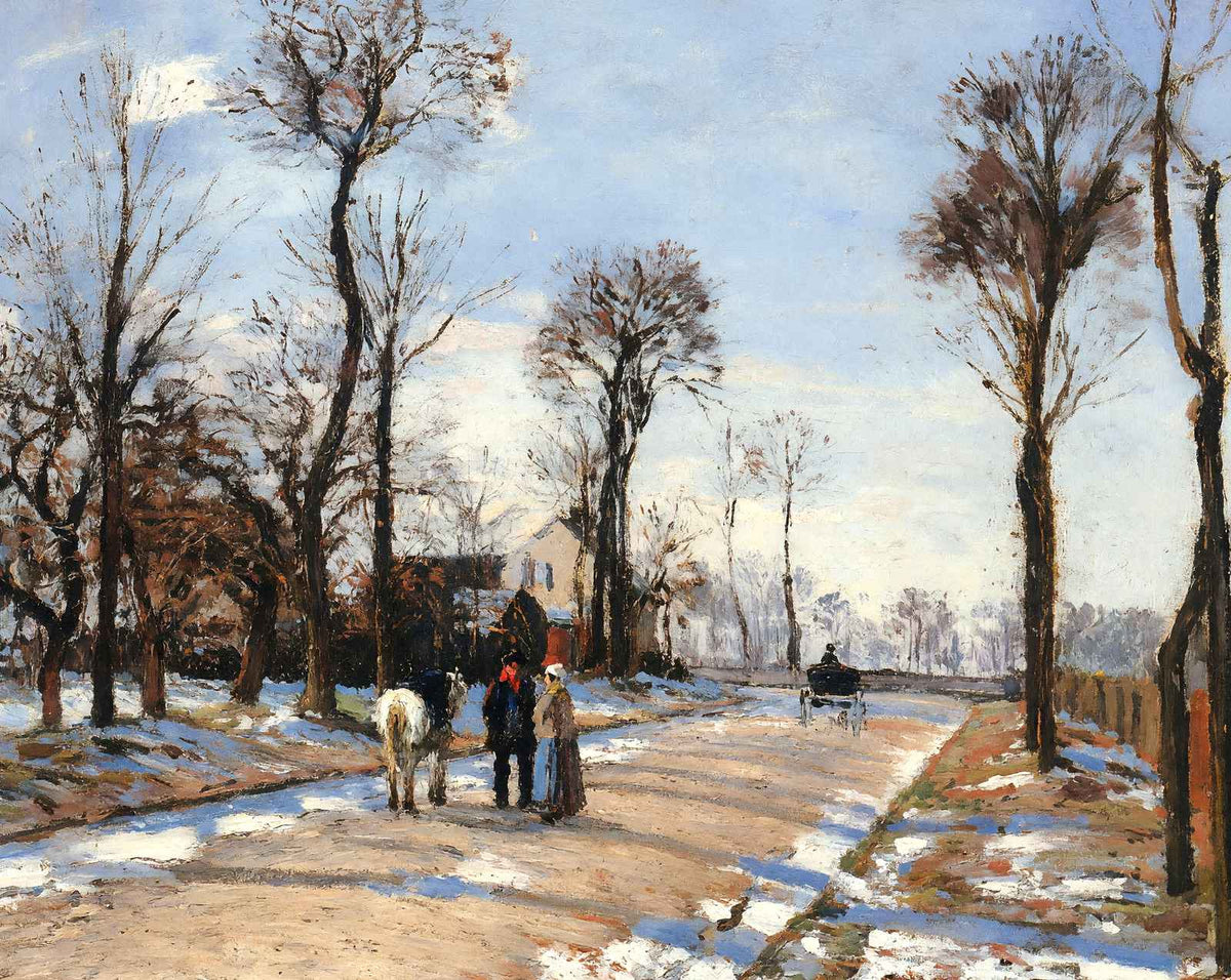 Street Winter Sunlight and Snow painting by Camille Pissarro (1872)