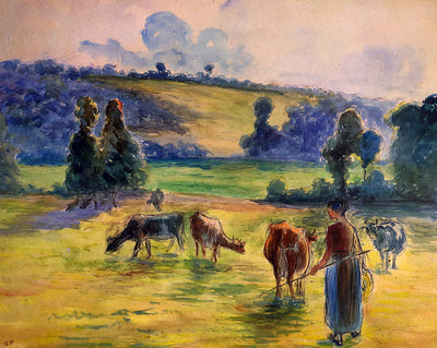 Study for 'Cowherd at Eragny' painting print by Camille Pissarro (1884)