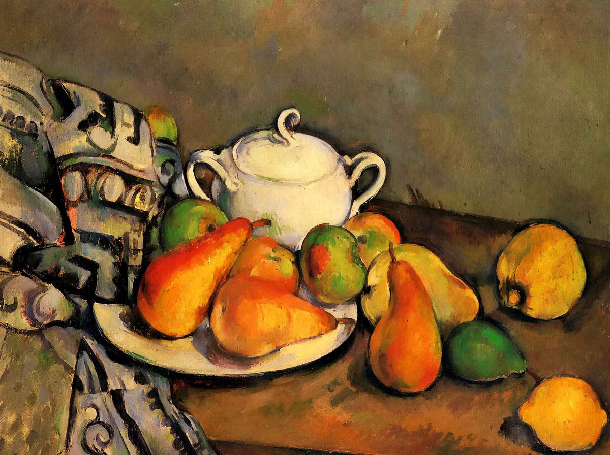 Sugarbowl, Pears and Tablecloth Art Print 1894 by Paul Cezanne (6 Sizes)