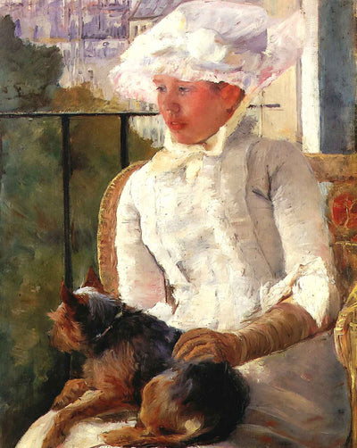 Susan on a Balcony Holding a Dog painting print by Mary Cassatt (1883)