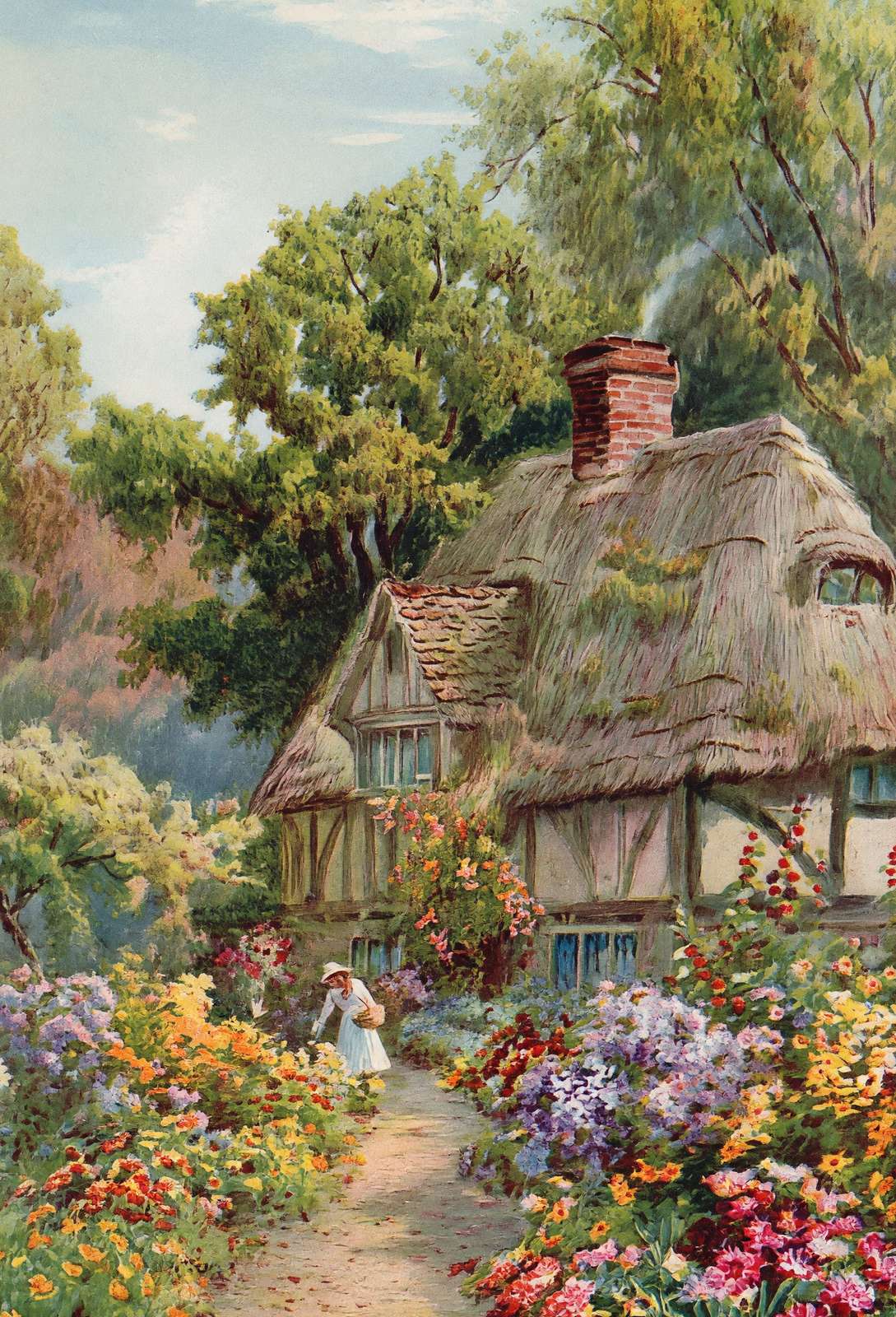 Thatched Cottage Path Vintage Print (7 Sizes) - Restored