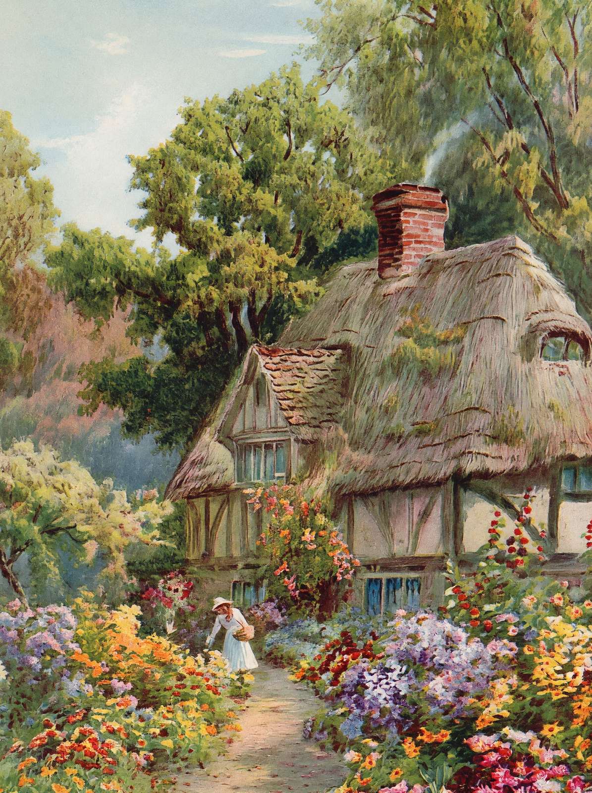 Thatched Cottage Path Vintage Print (7 Sizes) - Restored