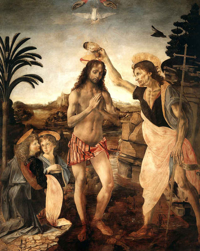 The Baptism of Christ painting print by Leonardo da Vinci (1475)