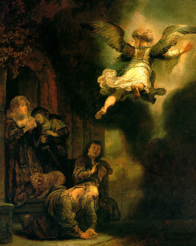 The Archangel Raphael Taking Leave of the Tobit Family fine art print by Rembrandt (1637)