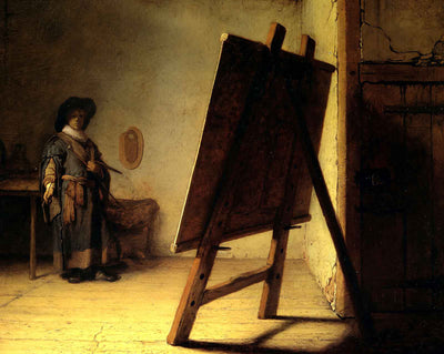 The Artist in His Studio painting print by Rembrandt (1628)