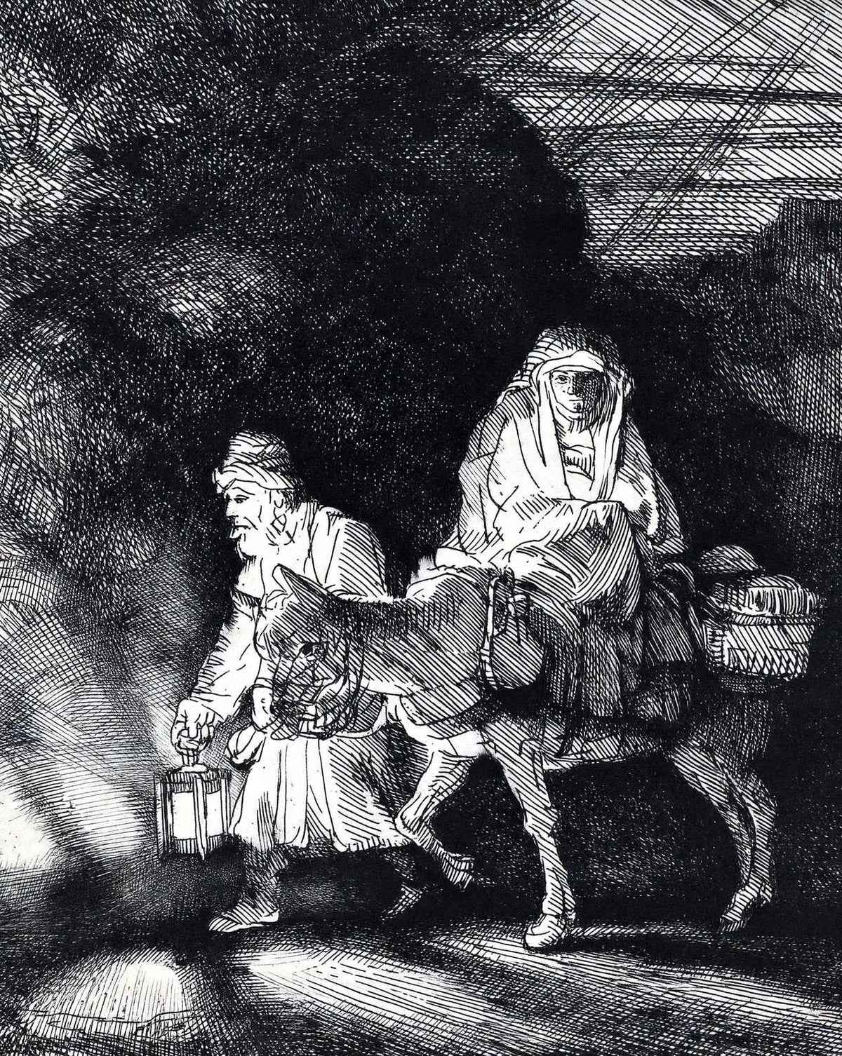 The Flight Into Egypt a Night Piece drawing print by Rembrandt (1651)
