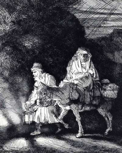 The Flight Into Egypt a Night Piece drawing print by Rembrandt (1651)
