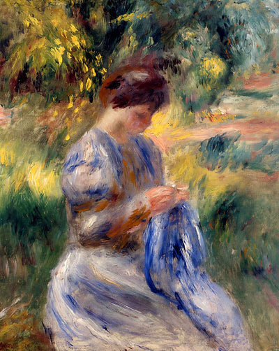 The Embroiderer (Woman Embroidering in a Garden) art print by Pierre-Auguste Renoir (1898)