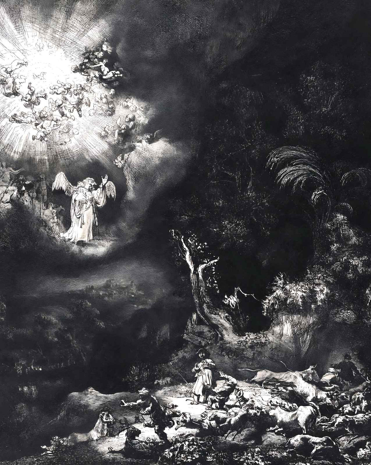 The Angel Appearing to the Shepherds art print by Rembrandt (1634)