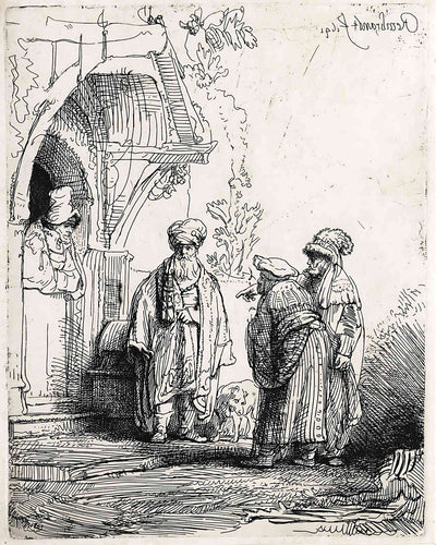 Three Oriental Figures (Jacob and Laban) Painting by Rembrandt 8x10" Art Print