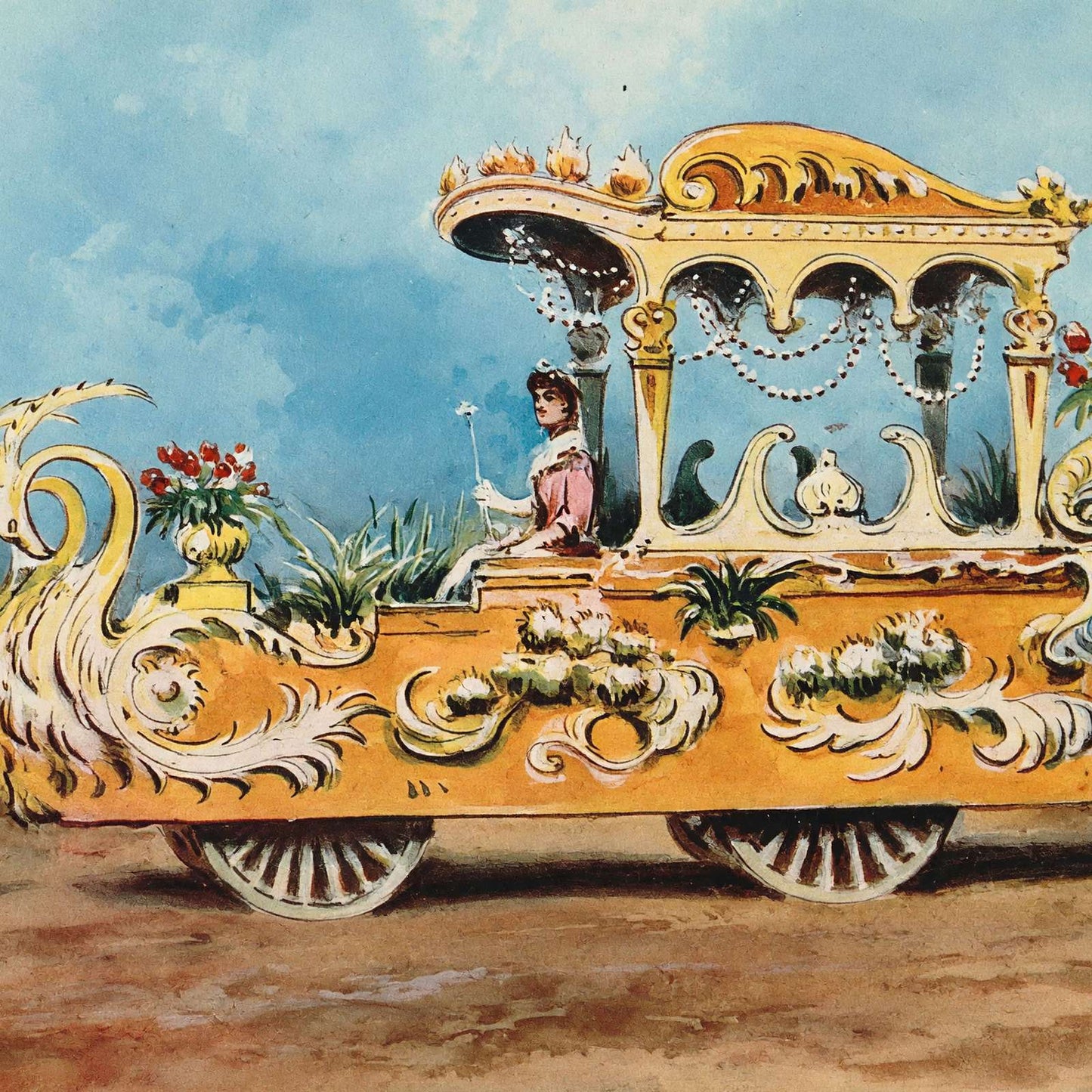 Two White Swans Float Houston Carnival 1907 Vintage Print (7 Sizes) - Acid Free