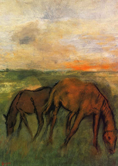Two Horses in a Pasture Art Print 1871 Painting by Edgar Degas (6 Sizes)