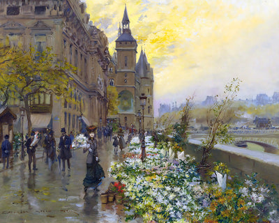 The Flower Market (at the Quai de la Corse in Paris) Painting by Georges Stein 8x10" Art Print