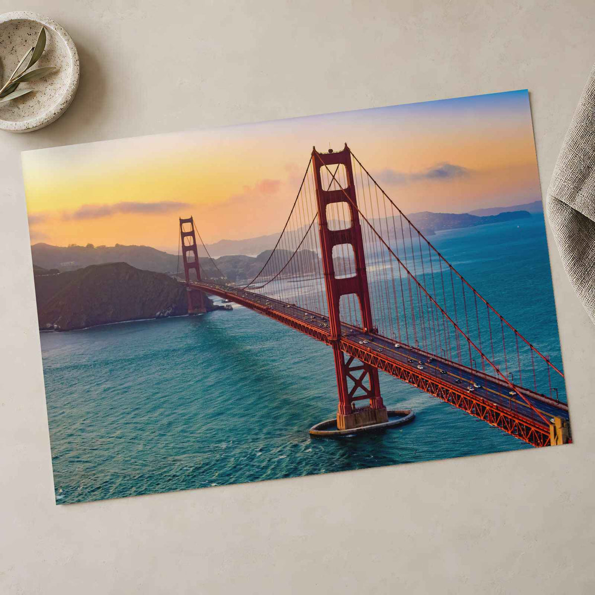 Aerial View of Traffic Moving on Golden Gate Bridge During Sunset Photo Wall Art
