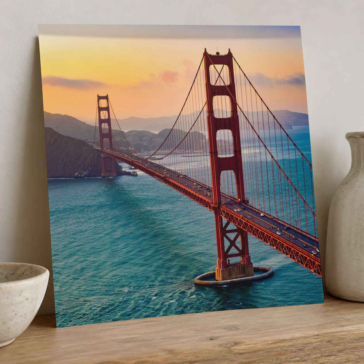 Aerial View of Traffic Moving on Golden Gate Bridge During Sunset Photo Wall Art