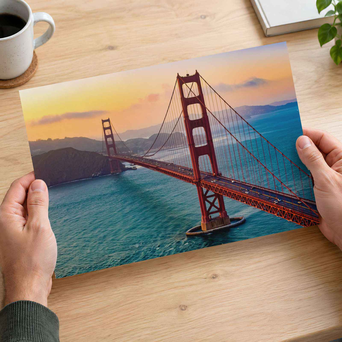 Aerial View of Traffic Moving on Golden Gate Bridge During Sunset Photo Wall Art
