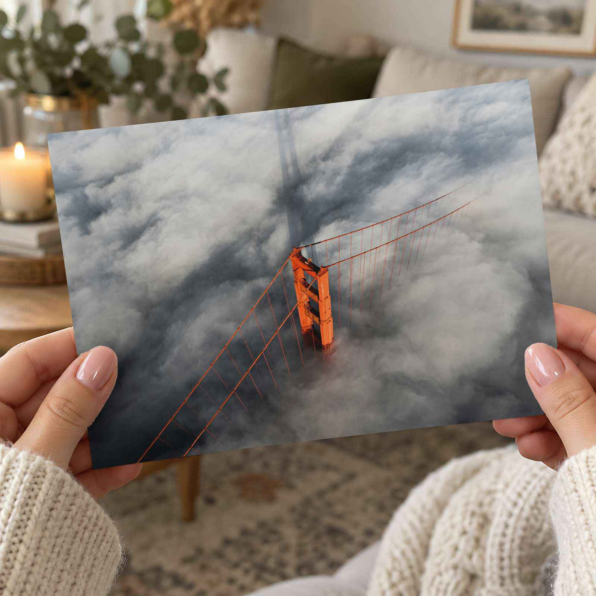 An Aerial View of the Golden Gate Bridge in the Clouds Photo Wall Art (7 Sizes)
