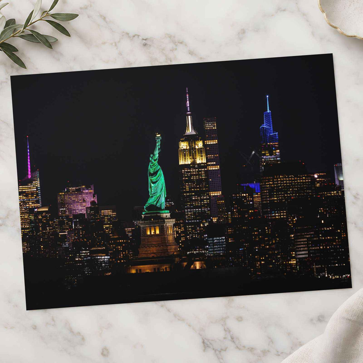 Statue of Liberty and New York Skyline at Night Photography Print (7 Sizes)