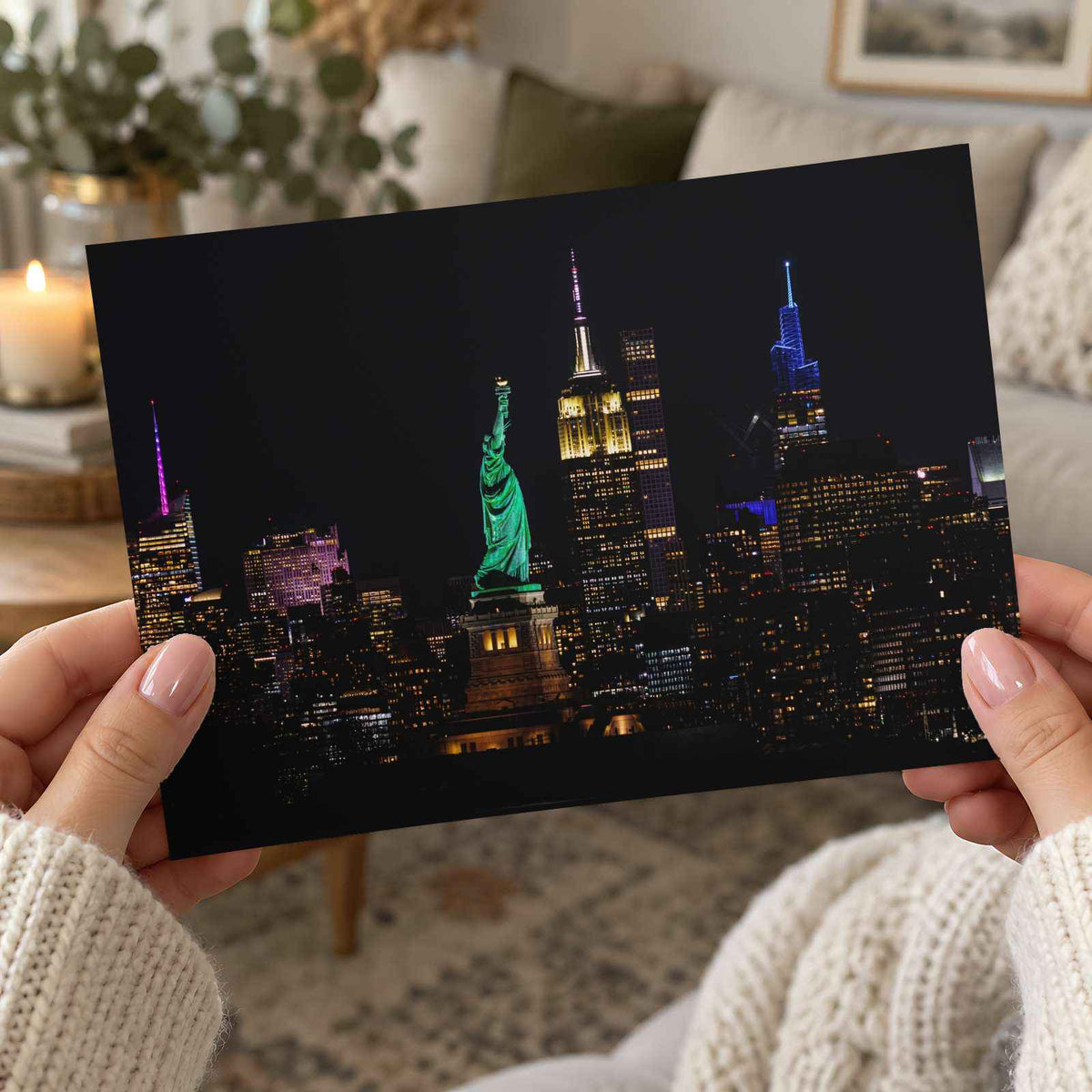 Statue of Liberty and New York Skyline at Night Photography Print (7 Sizes)
