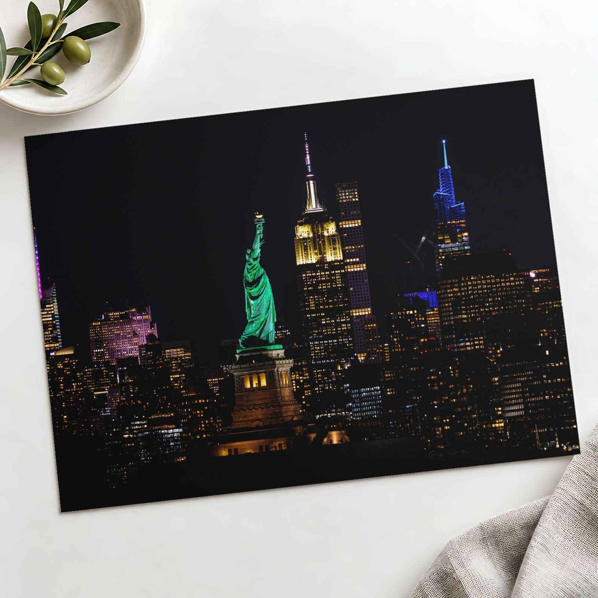Statue of Liberty and New York Skyline at Night Photography Print (7 Sizes)