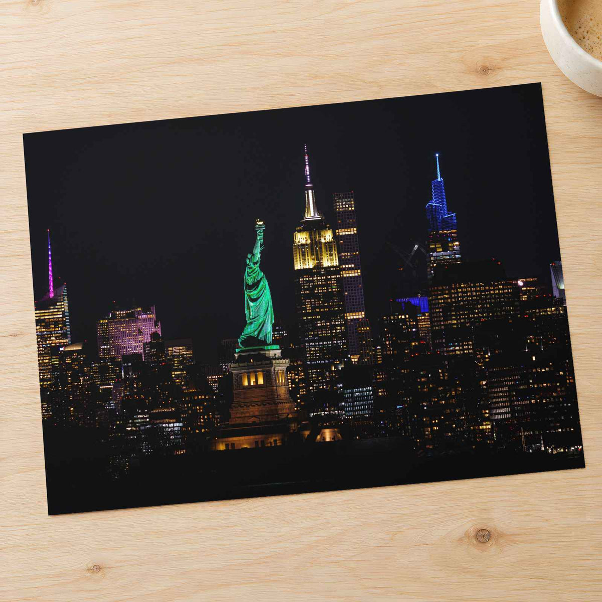 Statue of Liberty and New York Skyline at Night Photography Print (7 Sizes)