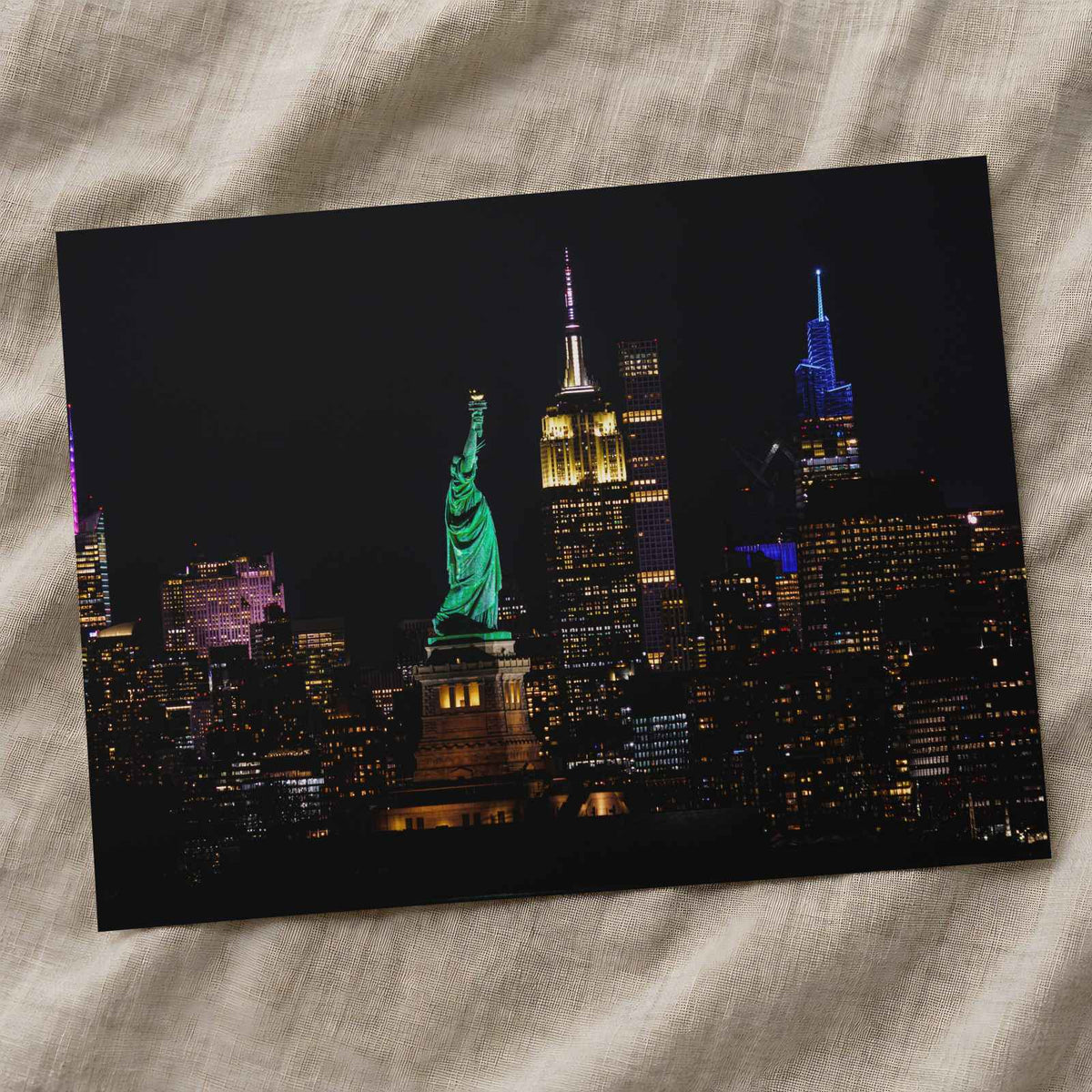 Statue of Liberty and New York Skyline at Night Photo Print Wall Decor