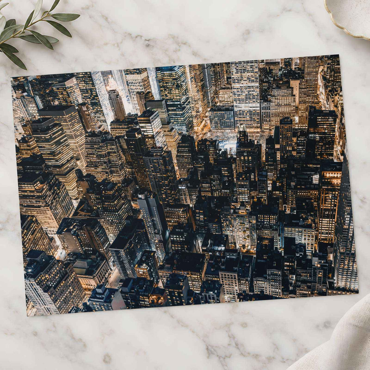 Aerial View of Buildings in Manhattan at Night Photo Wall Art (7 Sizes)