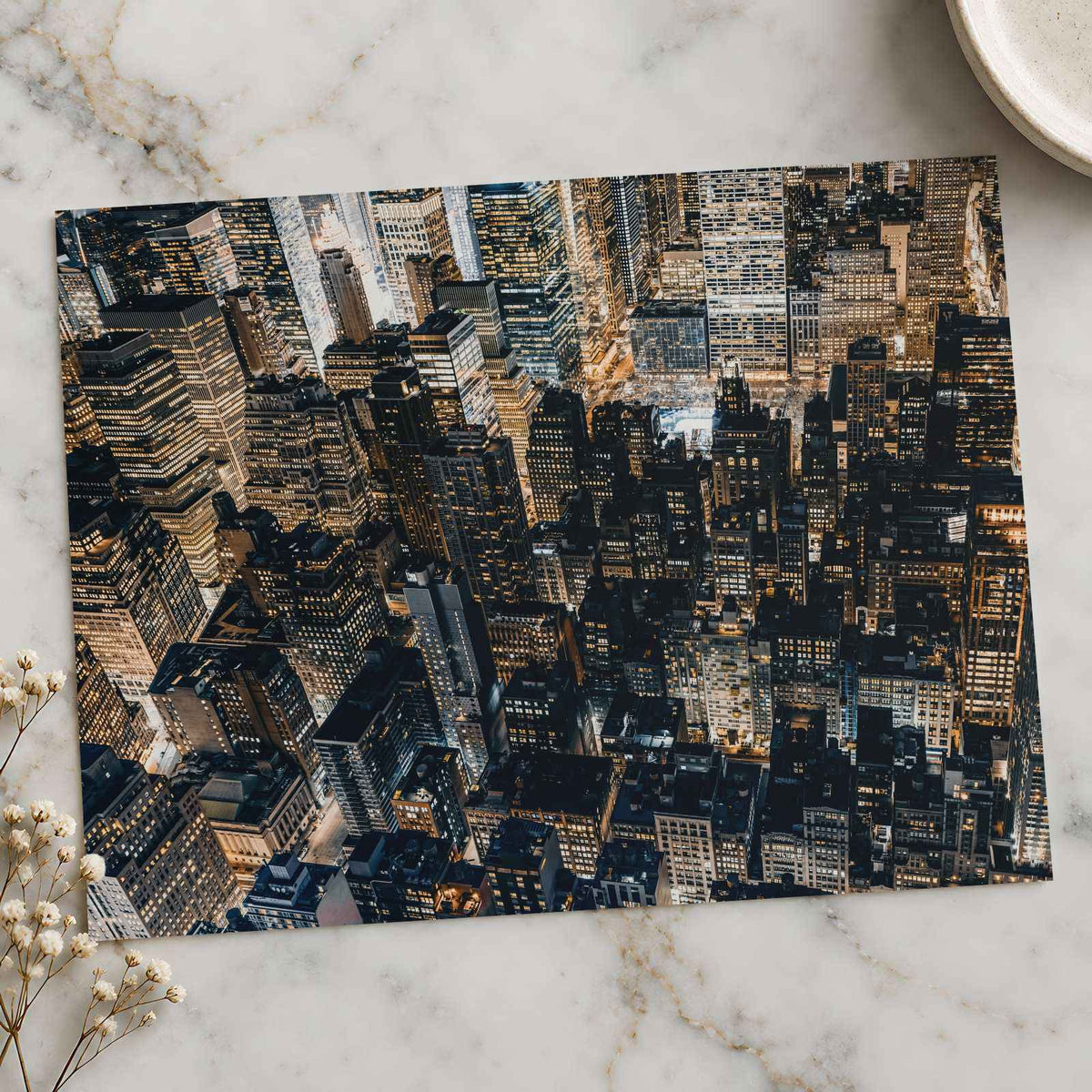 Aerial View of Buildings in Manhattan at Night Photo Print Wall Decor