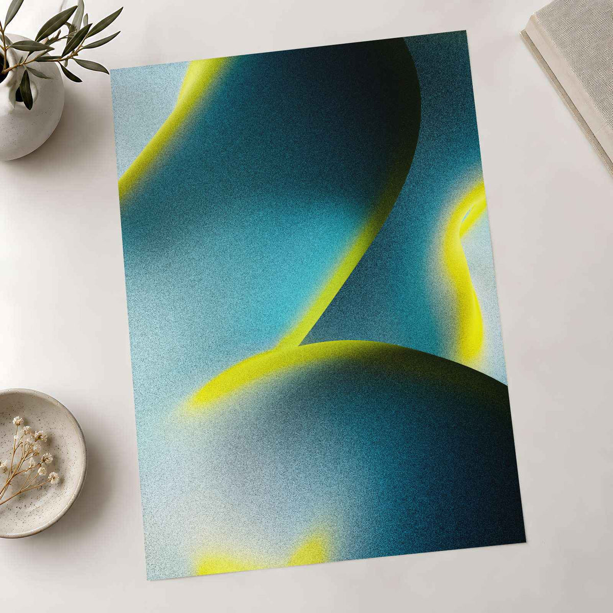 Abstract Shapes in Teal, Dark Blue, Yellow Matte Art Print (7 Sizes) - Acid-Free