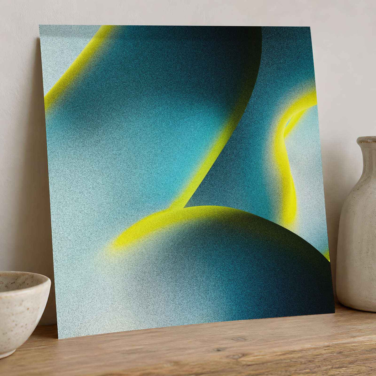Abstract Shapes in Teal, Dark Blue, Yellow Matte Art Print (7 Sizes) - Acid-Free