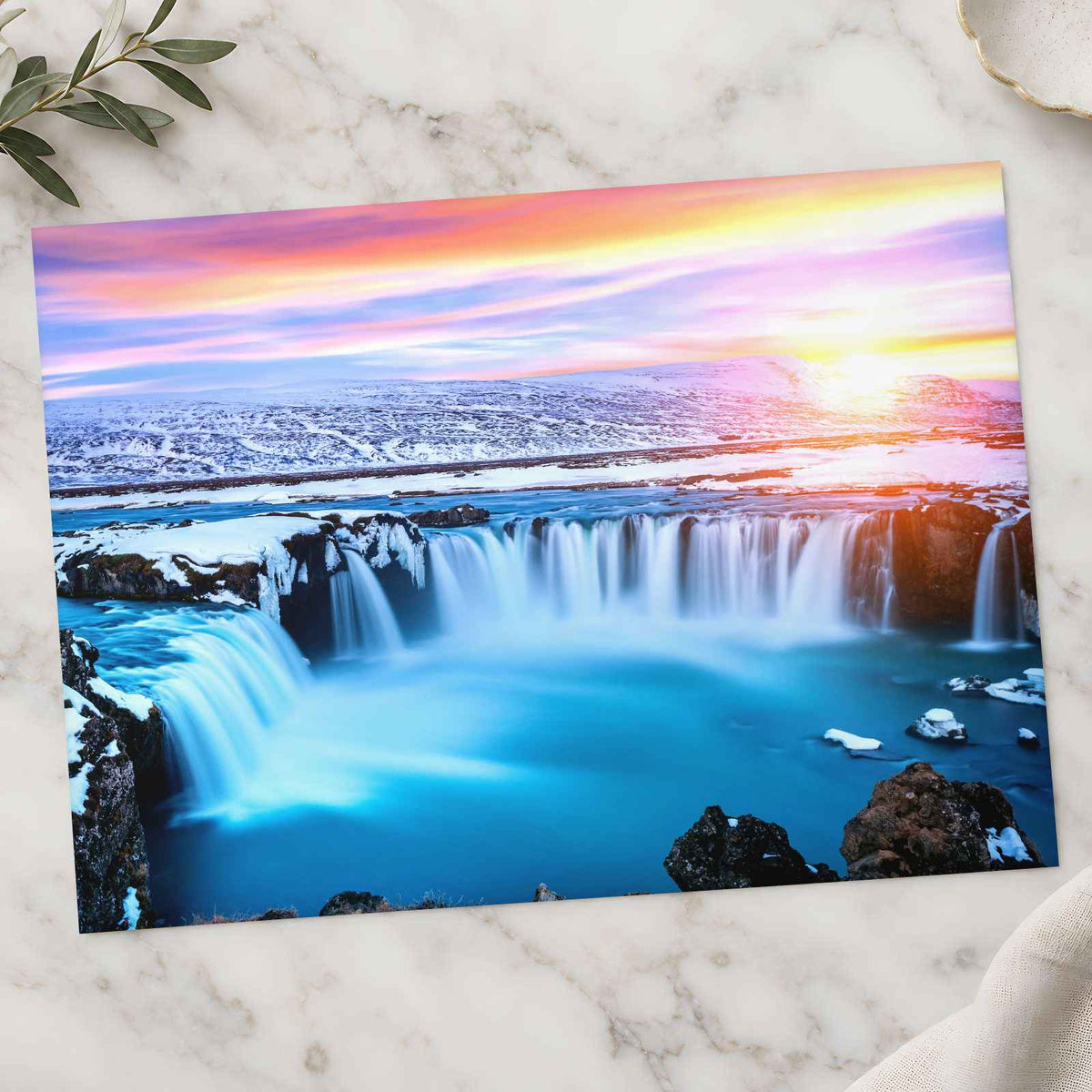 Godafoss Waterfall at Sunset Winter Iceland Photo Print (7 Sizes) - Heavyweight