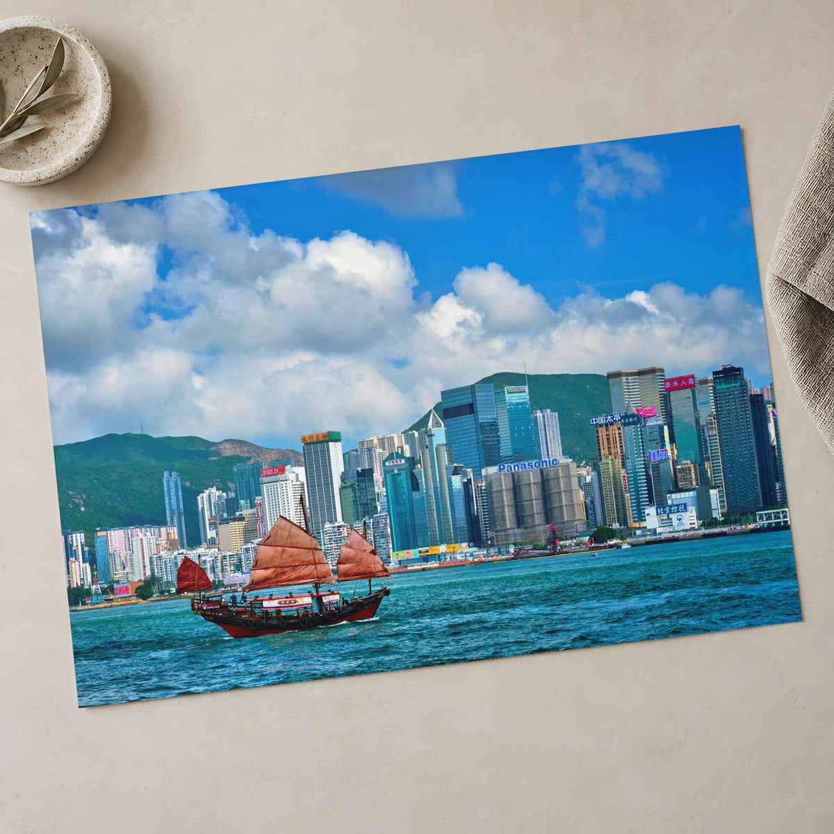 Red Junk Boat Victoria Harbor Hong Kong Photo Wall Art (7 Sizes) - Satin Luster