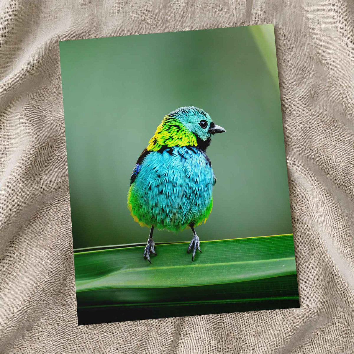 Colorful Bird Perched on Top of Green Leaf Photographic Art Print (7 Sizes)
