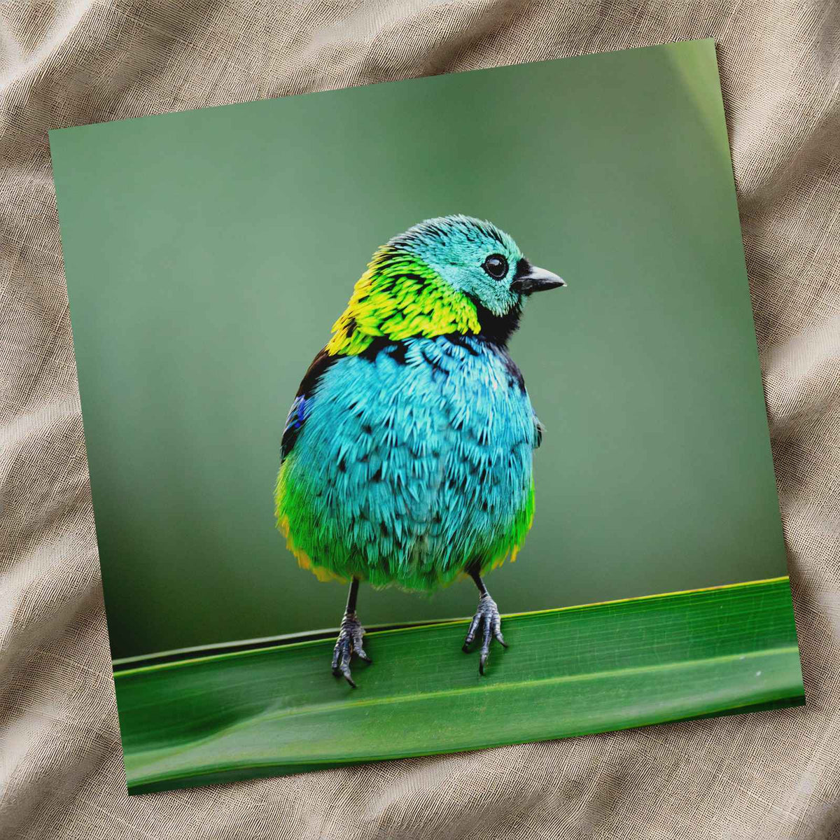 Colorful Bird Perched on Top of Green Leaf Photographic Art Print (7 Sizes)