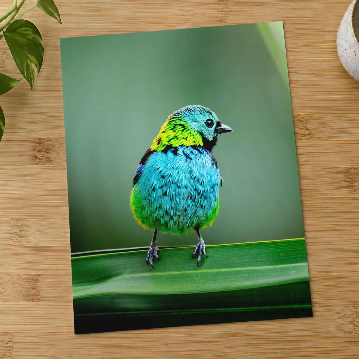 Colorful Bird Perched on Top of Green Leaf by Molly the Cat Photo Print Wall Decor