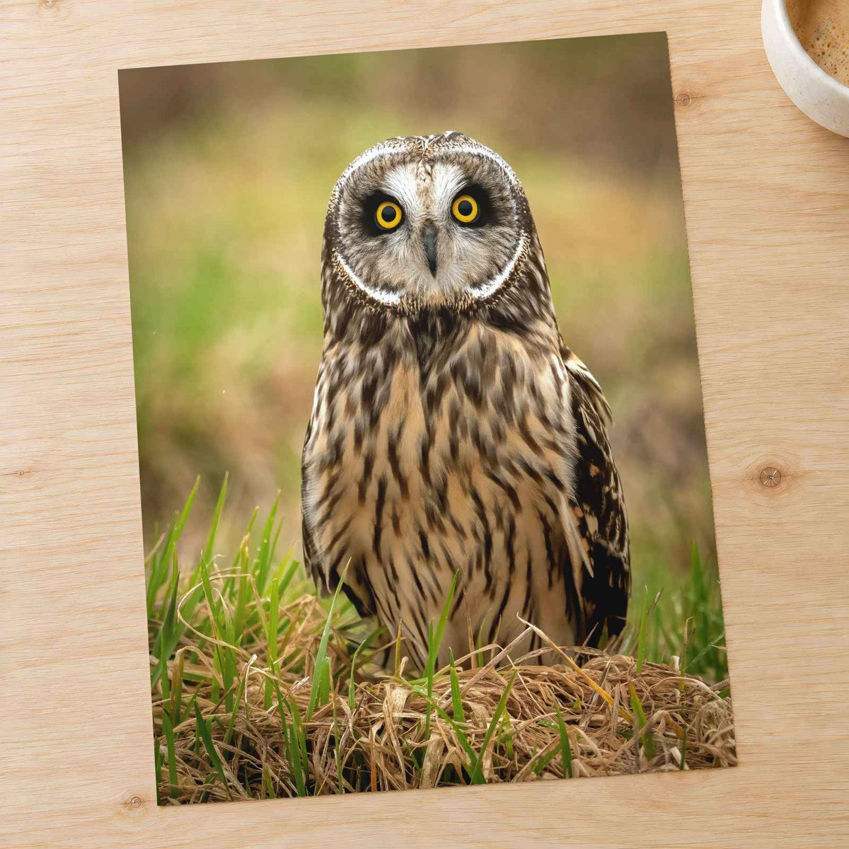 Short-Eared Owl on Ground Photo Wall Print (5 Sizes) - Printed in USA