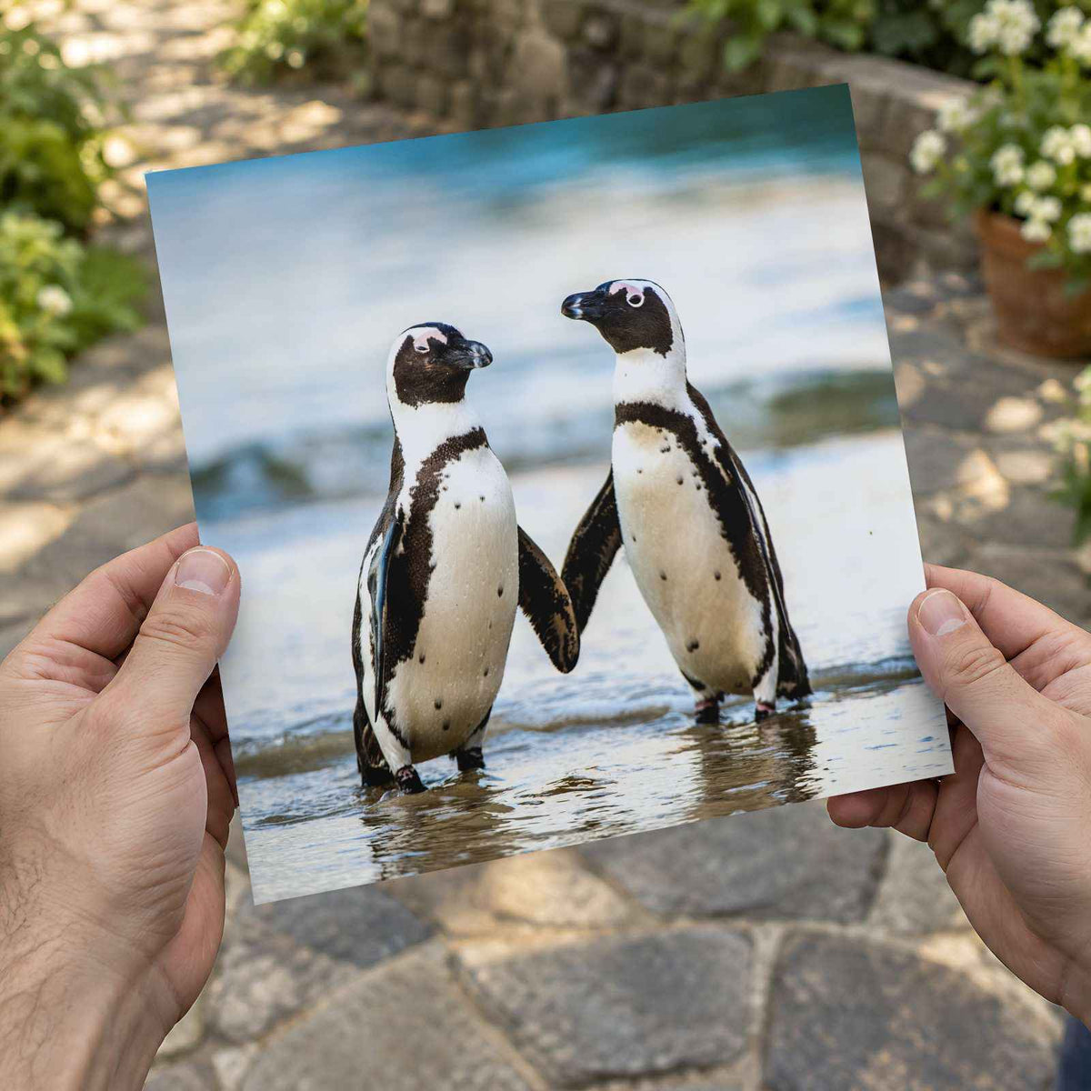 Two African Penguins Touching Flippers Photographic Art Print (6 Sizes)