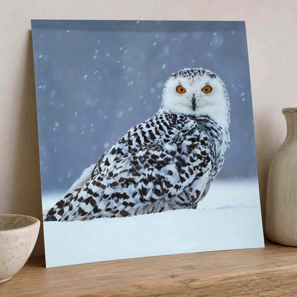 Snowy Owl Sitting in Snow Photo Wall Art (7 Sizes) - Ready to Frame