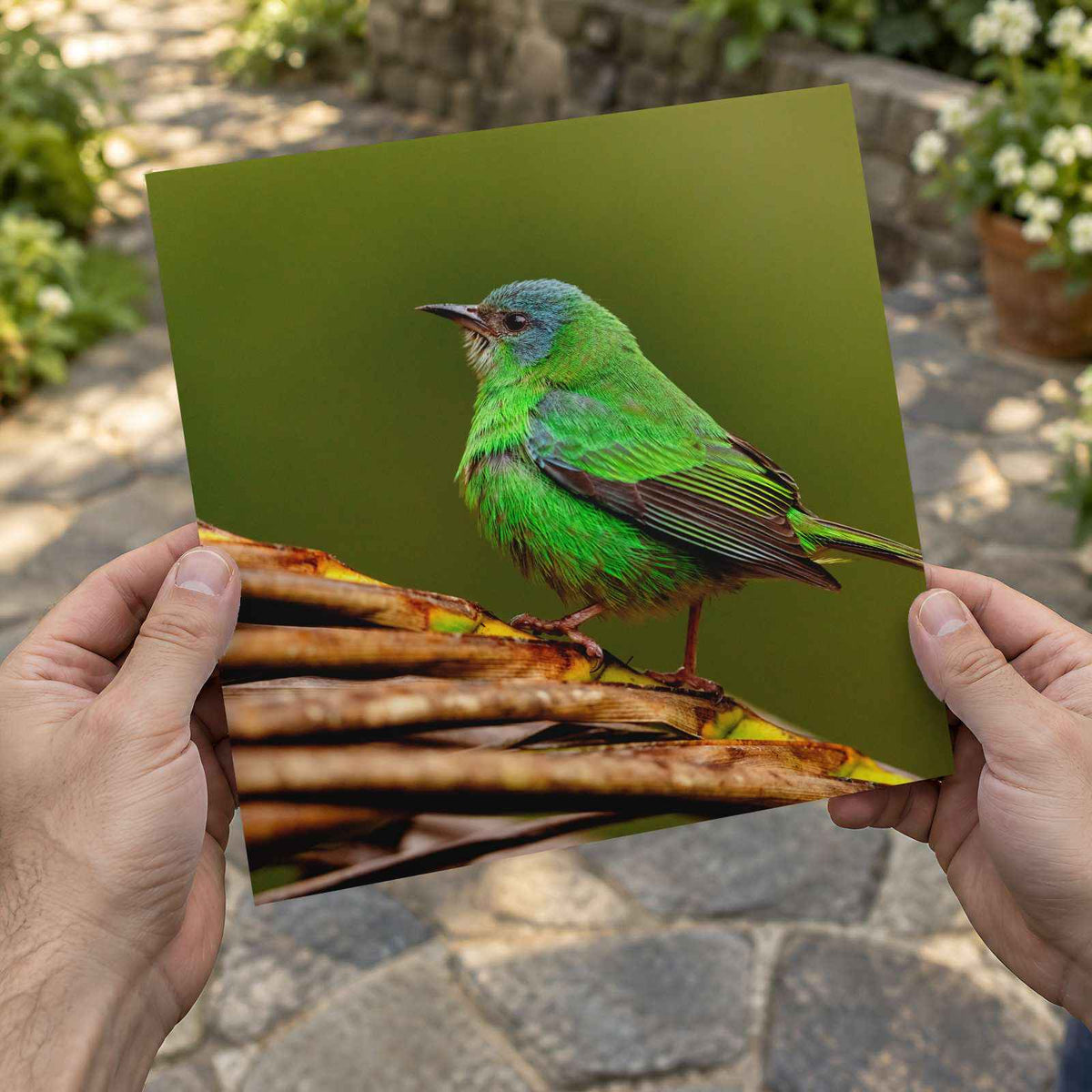Green Bird Sitting on Top of Tree Branch Photographic Art Print (7 Sizes)