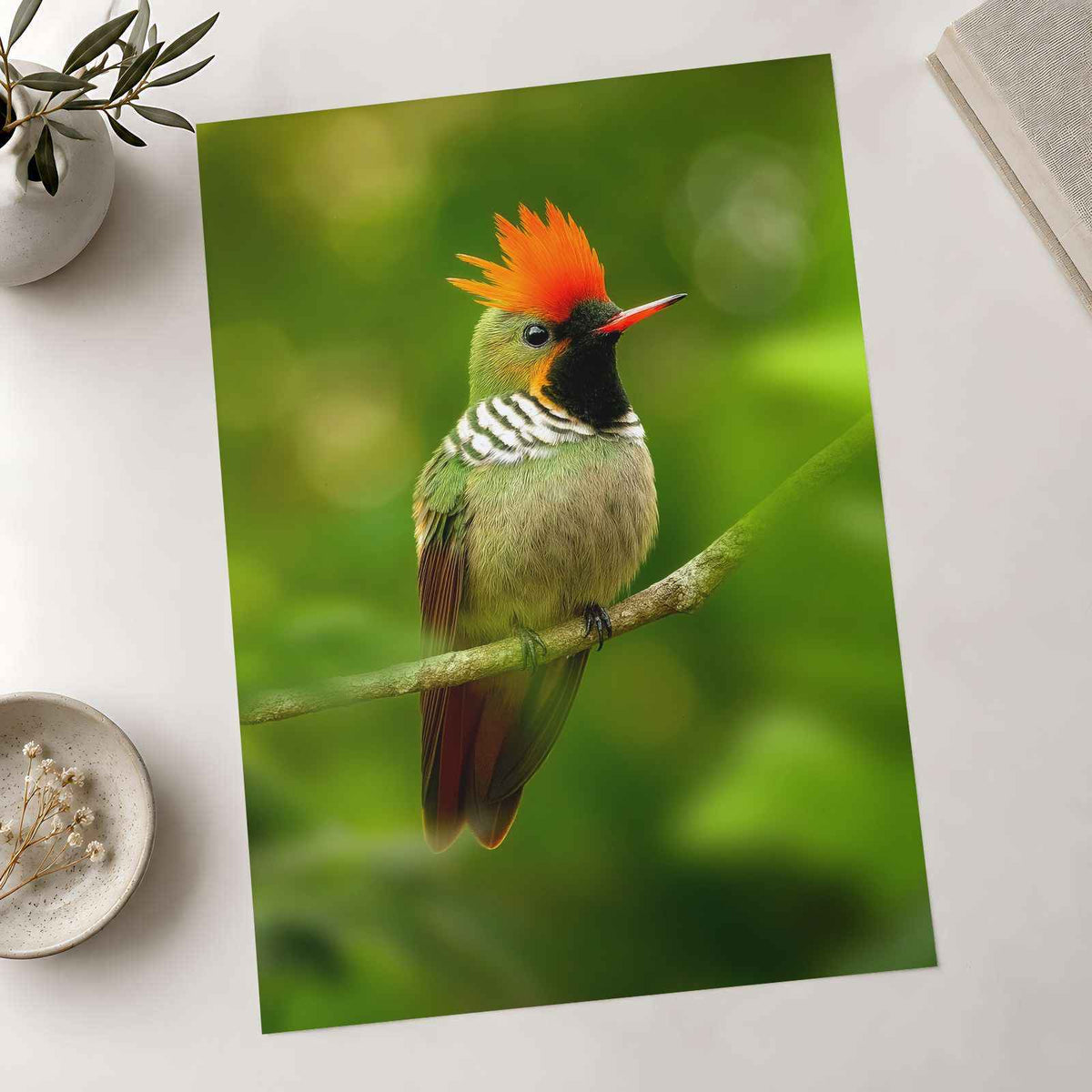 Green Bird with Orange Crest Sits on Branch Photo Print (7 Sizes) - Satin Luster