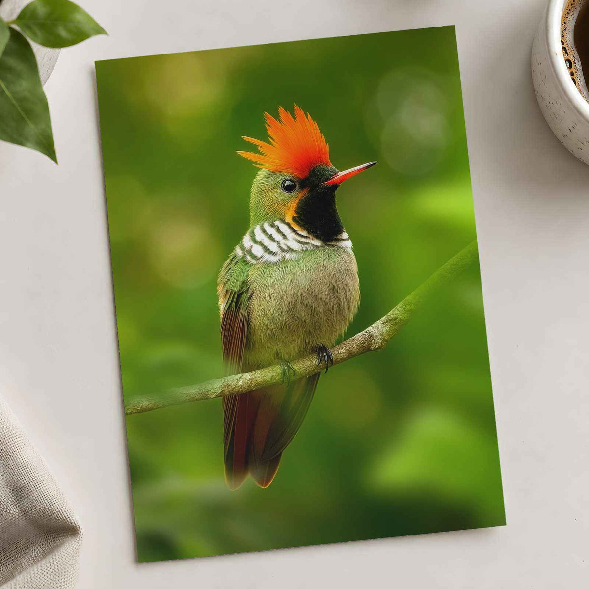 Green Bird with Orange Crest Sits on Branch Photo Print (7 Sizes) - Satin Luster