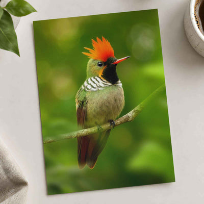 Green Bird with Orange Crest Sits on Branch Photo Print (7 Sizes) - Satin Luster