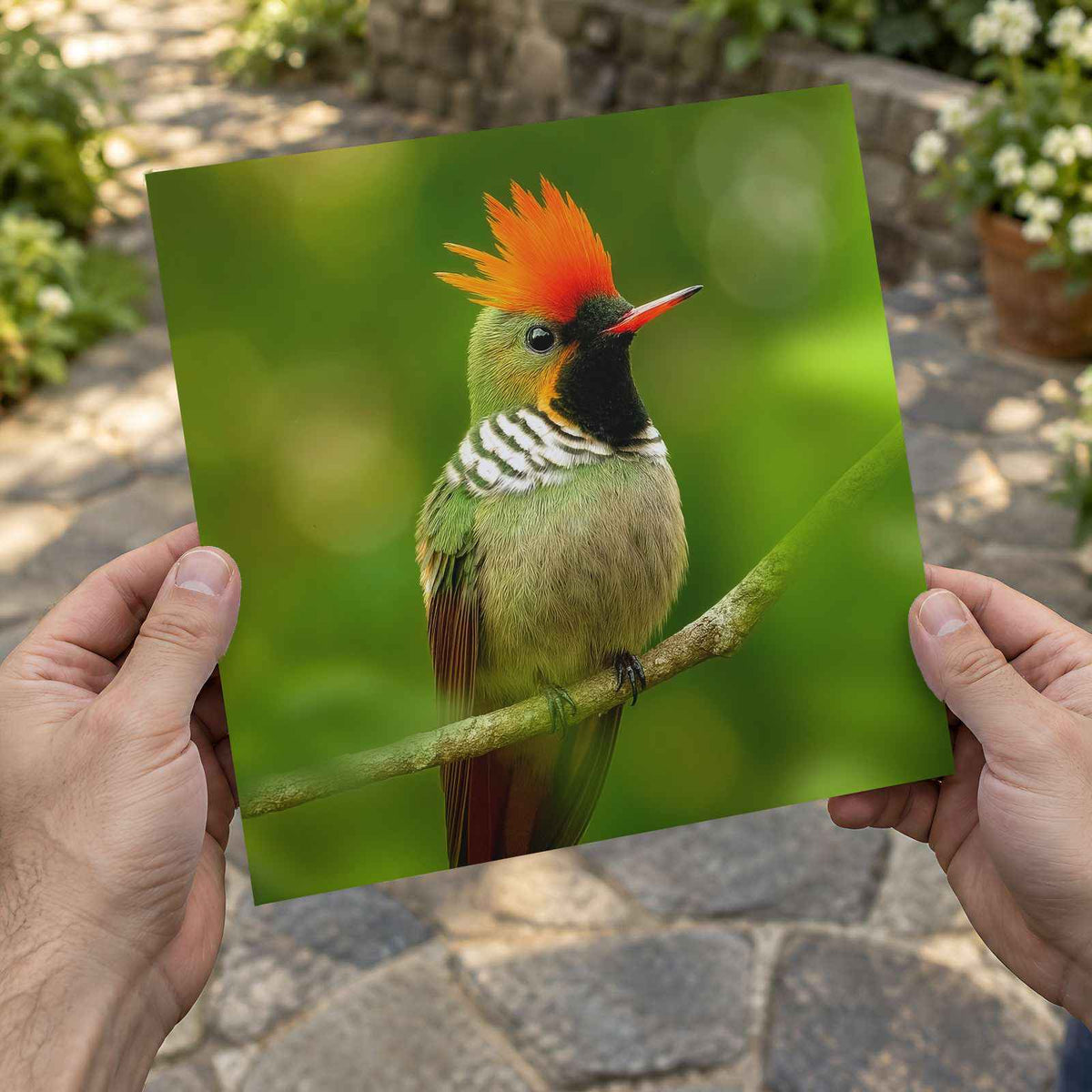 Green Bird with Orange Crest Sits on Branch Photo Print (7 Sizes) - Satin Luster