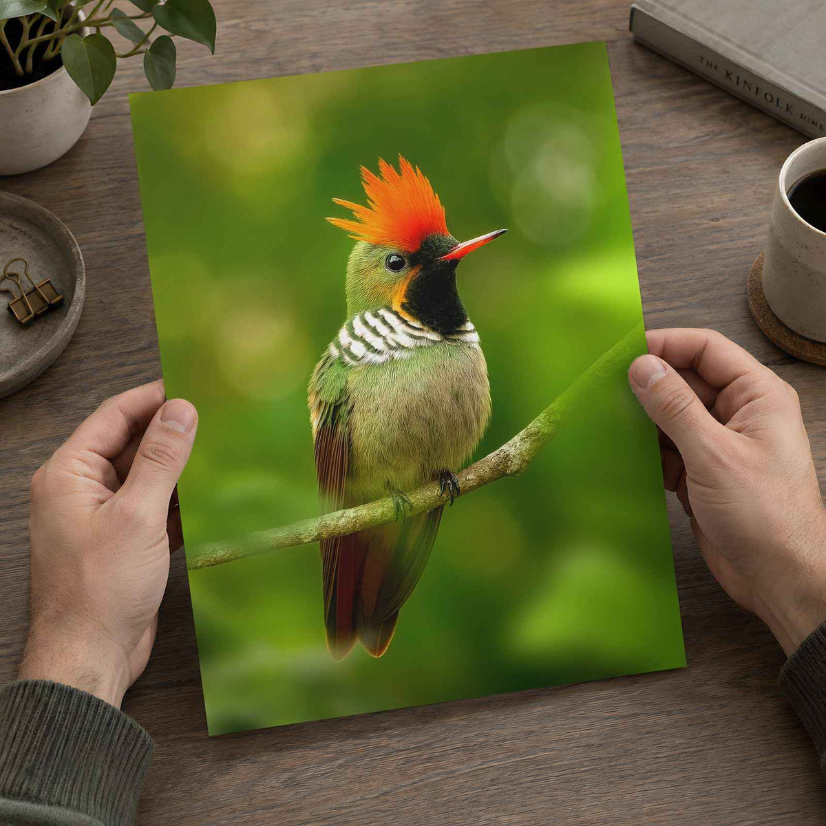 Green Bird with Orange Crest Sits on Branch Photo Print (7 Sizes) - Satin Luster