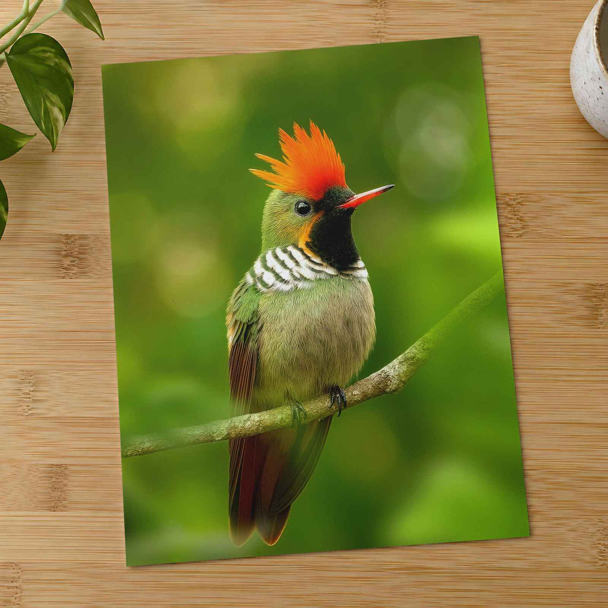 Green Bird with Orange Crest Sits on Branch by Allec Gomes Photo Print Wall Decor