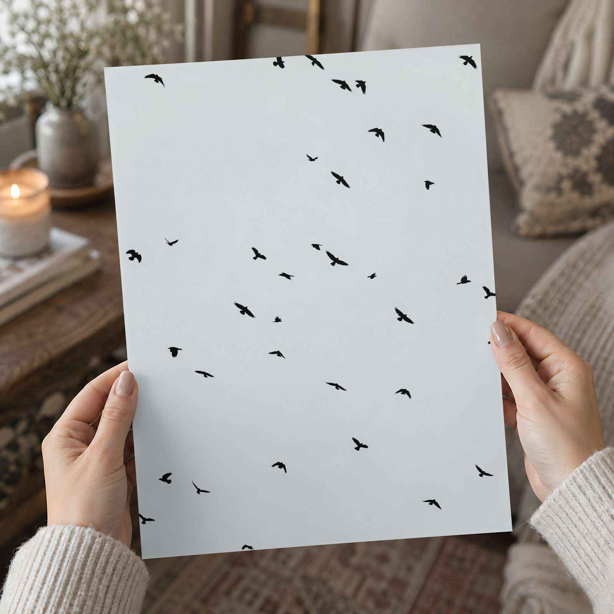 Flock of Birds Flying in Grey Sky Photo Print (7 Sizes) - Frameable